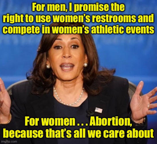 Why single issue voting is a bad idea | For men, I promise the right to use women’s restrooms and compete in women’s athletic events; For women . . . Abortion, because that’s all we care about | image tagged in kamala harris,women rights | made w/ Imgflip meme maker