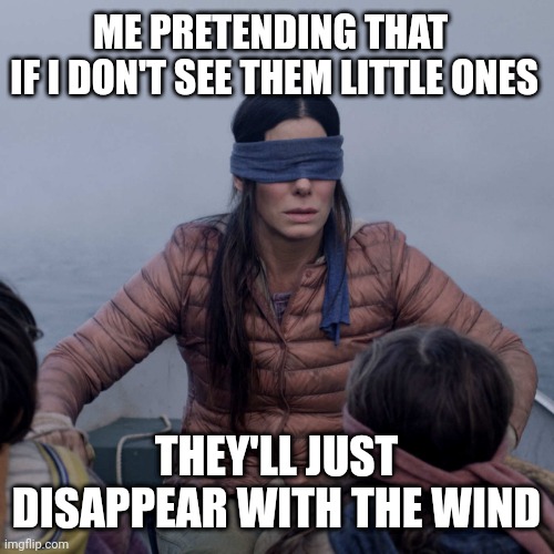 A mute remote control would be better | ME PRETENDING THAT 
IF I DON'T SEE THEM LITTLE ONES; THEY'LL JUST DISAPPEAR WITH THE WIND | image tagged in memes,bird box | made w/ Imgflip meme maker