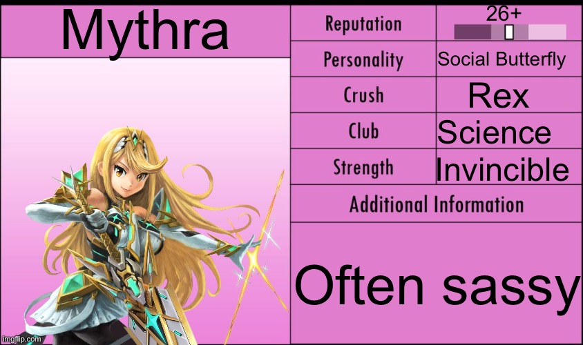 Yandere Simulator Student Info | Mythra; 26+; Social Butterfly; Rex; Science; Invincible; Often sassy | image tagged in yandere simulator student info | made w/ Imgflip meme maker