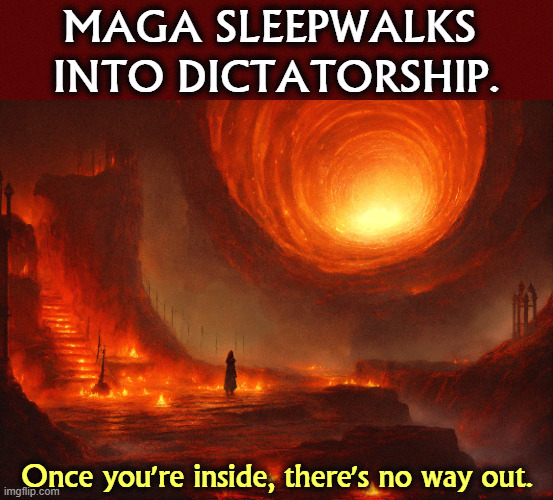 MAGA SLEEPWALKS 
INTO DICTATORSHIP. Once you're inside, there's no way out. | image tagged in maga,right wing,conservative,sleep,fascist,dictator | made w/ Imgflip meme maker