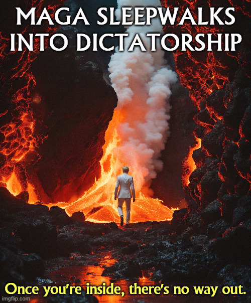 MAGA SLEEPWALKS INTO DICTATORSHIP; Once you're inside, there's no way out. | image tagged in maga,right wing,conservative,sleep,fascist,dictator | made w/ Imgflip meme maker