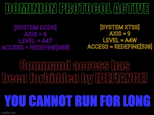 Stage one complete | DOMINION PROTOCOL ACTIVE; [SYSTEM DCDR]
AXIS = 6
LEVEL = A4T
ACCESS = REDEFINE[488]; [SYSTEM XTSS]
AXIS = 9
LEVEL = A4W
ACCESS = REDEFINE[538]; Command access has been forbidden by [DEFIANCE]; YOU CANNOT RUN FOR LONG | made w/ Imgflip meme maker