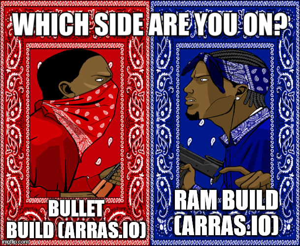 the war between ram and bullet builds is real | BULLET BUILD (ARRAS.IO); RAM BUILD (ARRAS.IO) | image tagged in which side are you on | made w/ Imgflip meme maker