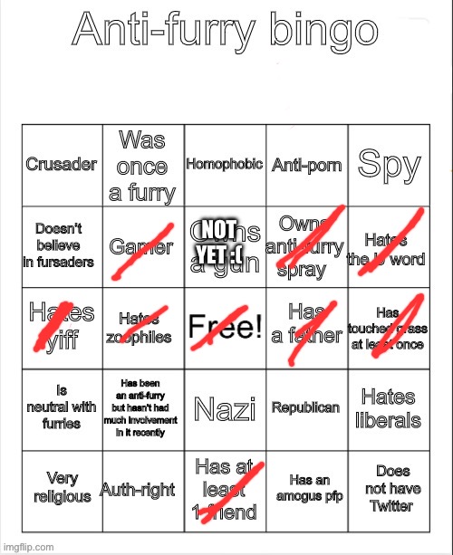 Anti-Furry bingo | NOT YET :( | image tagged in anti-furry bingo | made w/ Imgflip meme maker