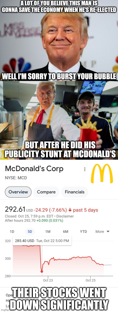 Trump's "work" at McDonald's recently hurt the company's stocks | A LOT OF YOU BELIEVE THIS MAN IS GONNA SAVE THE ECONOMY WHEN HE'S RE-ELECTED; WELL I'M SORRY TO BURST YOUR BUBBLE; BUT AFTER HE DID HIS PUBLICITY STUNT AT MCDONALD'S; THEIR STOCKS WENT DOWN SIGNIFICANTLY | image tagged in donald trump approves,mcdonalds,republicans,clown show,economy,stock market | made w/ Imgflip meme maker