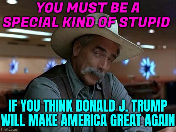 Donald J. Trump Will Make America Great Again | YOU MUST BE A SPECIAL KIND OF STUPID; IF YOU THINK DONALD J. TRUMP WILL MAKE AMERICA GREAT AGAIN | image tagged in special kind of stupid,donald trump,trump is a moron,donald trump is an idiot,trump is an asshole,maga | made w/ Imgflip meme maker