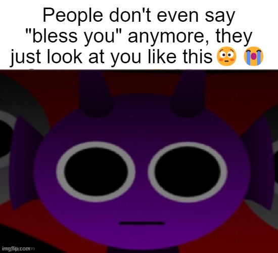 yeah right | People don't even say "bless you" anymore, they just look at you like this😳😭 | image tagged in durple stare at you without text,funny | made w/ Imgflip meme maker