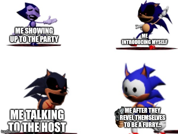 Me at the Furry party and i don't like it | ME SHOWING UP TO THE PARTY; ME INTRODUCING MYSELF; ME AFTER THEY REVEL THEMSELVES TO BE A FURRY... ME TALKING TO THE HOST | image tagged in anti furry,sonic exe | made w/ Imgflip meme maker