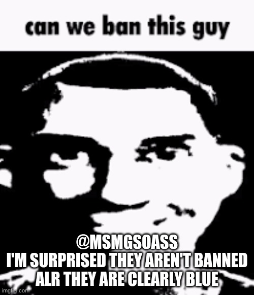 Can we ban this guy | @MSMGSOASS
I'M SURPRISED THEY AREN'T BANNED ALR THEY ARE CLEARLY BLUE | image tagged in can we ban this guy | made w/ Imgflip meme maker