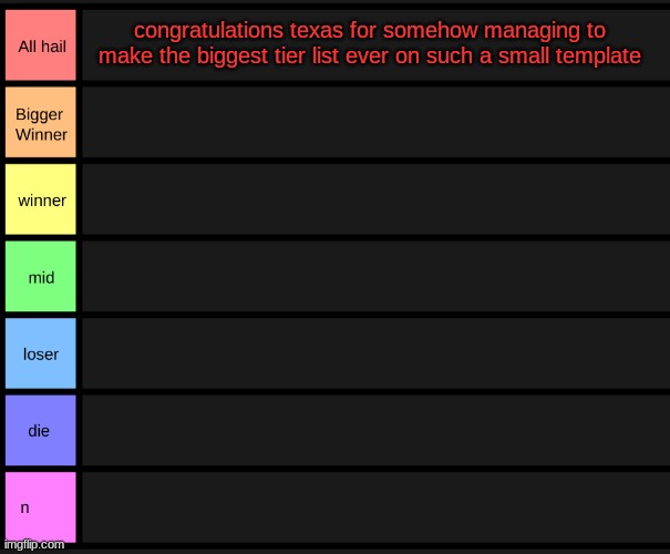 yoshi's tier list | congratulations texas for somehow managing to make the biggest tier list ever on such a small template | image tagged in yoshi's tier list | made w/ Imgflip meme maker