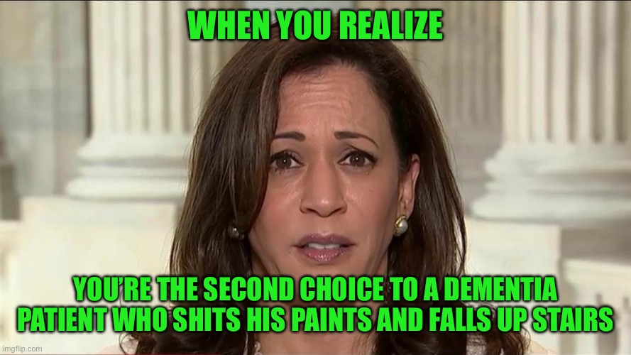 kamala harris | WHEN YOU REALIZE; YOU’RE THE SECOND CHOICE TO A DEMENTIA PATIENT WHO SHITS HIS PAINTS AND FALLS UP STAIRS | image tagged in kamala harris,trump,2024 | made w/ Imgflip meme maker