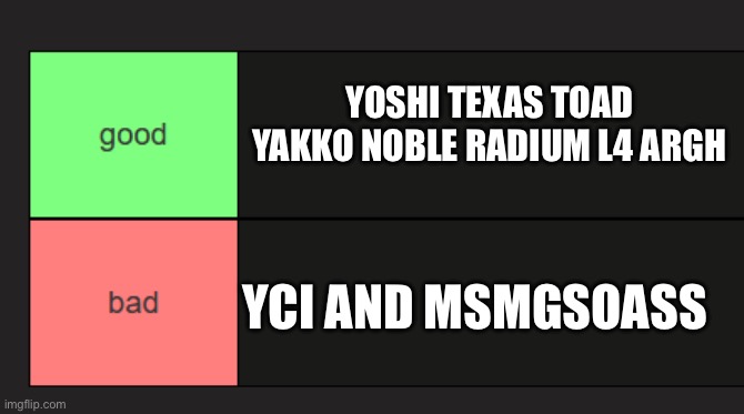 good and bad tierlist | YOSHI TEXAS TOAD YAKKO NOBLE RADIUM L4 ARGH; YCI AND MSMGSOASS | image tagged in good and bad tierlist | made w/ Imgflip meme maker