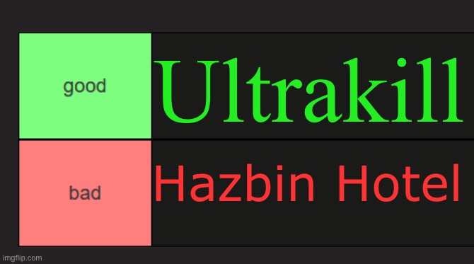 good and bad tierlist | Ultrakill; Hazbin Hotel | image tagged in good and bad tierlist | made w/ Imgflip meme maker