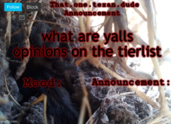THE that.one.texan.dude announcement template | what are yalls opinions on the tierlist | image tagged in the that one texan dude announcement template | made w/ Imgflip meme maker