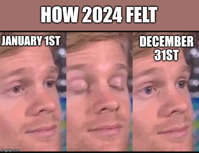 2024 went pretty fast tbh | HOW 2024 FELT; DECEMBER 31ST; JANUARY 1ST | image tagged in blinking guy | made w/ Imgflip meme maker