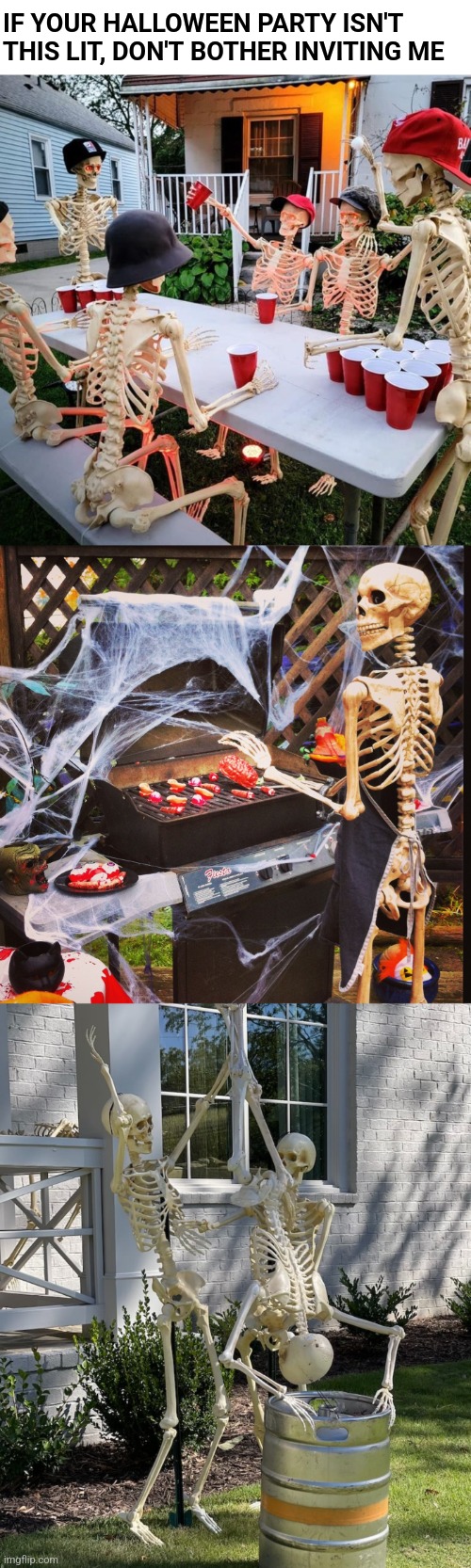 Dying to party | IF YOUR HALLOWEEN PARTY ISN'T THIS LIT, DON'T BOTHER INVITING ME | image tagged in skeleton,halloween,party,halloween decorations,skeletons,partying | made w/ Imgflip meme maker