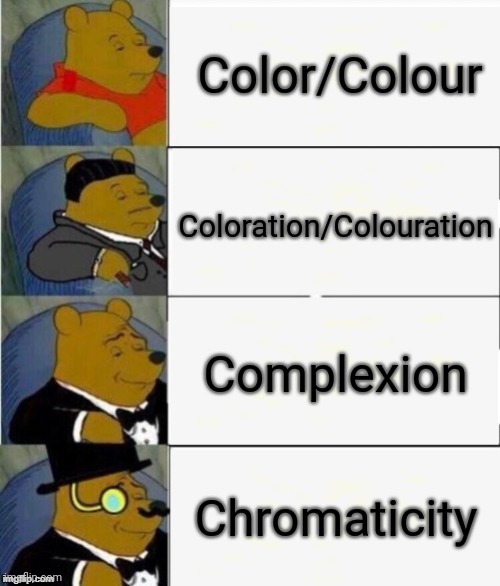 Different words for "Color" and "Colour" | Color/Colour; Coloration/Colouration; Complexion; Chromaticity | image tagged in tuxedo winnie the pooh 4 panel,fancy terms,memes,colors | made w/ Imgflip meme maker