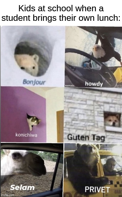 Bonjour howdy konichiwa guten tag Selam privet | Kids at school when a student brings their own lunch: | image tagged in bonjour howdy konichiwa guten tag selam privet,bonjour guten tag,memes,funny,relatable,change my mind | made w/ Imgflip meme maker