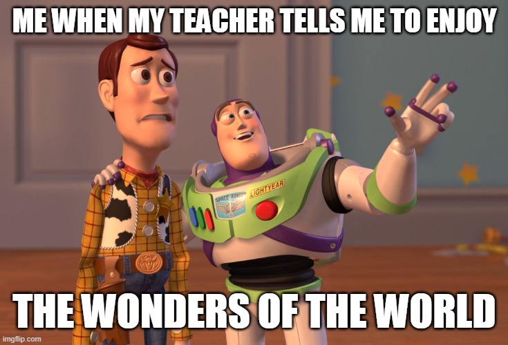 i'm nervous ? | ME WHEN MY TEACHER TELLS ME TO ENJOY; THE WONDERS OF THE WORLD | image tagged in memes,x x everywhere | made w/ Imgflip meme maker