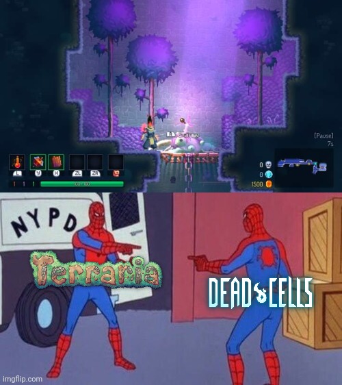 At last, I finally found it. | image tagged in spiderman pointing at spiderman,dead cells,terraria,video games,crossovers,easter eggs | made w/ Imgflip meme maker