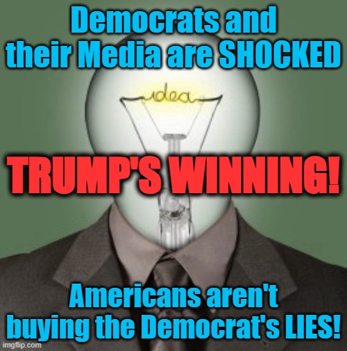 Trump's WINNING! Media Lies aren't working! | Democrats and their Media are SHOCKED; TRUMP'S WINNING! Americans aren't buying the Democrat's LIES! | image tagged in light bulb head,trump,misinformation,media lies | made w/ Imgflip meme maker