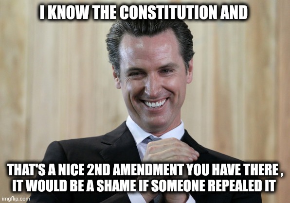 Scheming Gavin Newsom  | I KNOW THE CONSTITUTION AND THAT'S A NICE 2ND AMENDMENT YOU HAVE THERE ,
IT WOULD BE A SHAME IF SOMEONE REPEALED IT | image tagged in scheming gavin newsom | made w/ Imgflip meme maker