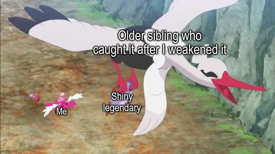 There should be a law for that | Older sibling who caught it after I weakened it; Shiny legendary; Me | image tagged in memes,funny,pokemon,pop culture,anime | made w/ Imgflip meme maker