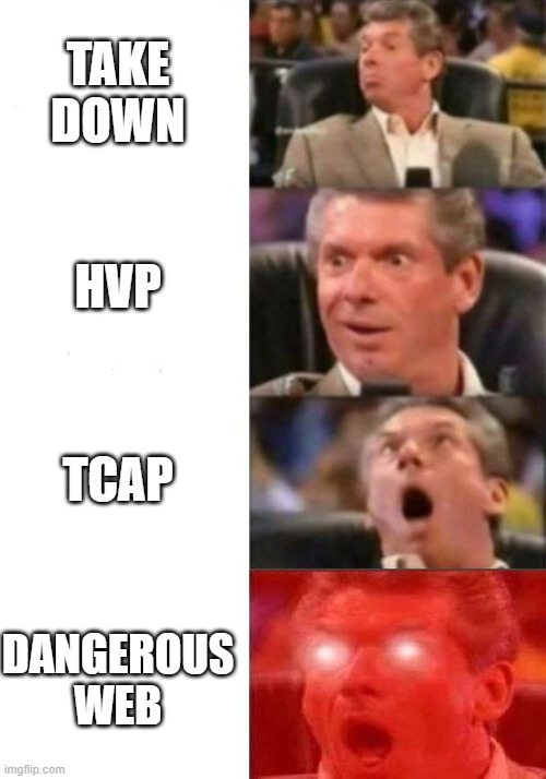 Mr. McMahon reaction | TAKE DOWN; HVP; TCAP; DANGEROUS WEB | image tagged in mr mcmahon reaction | made w/ Imgflip meme maker