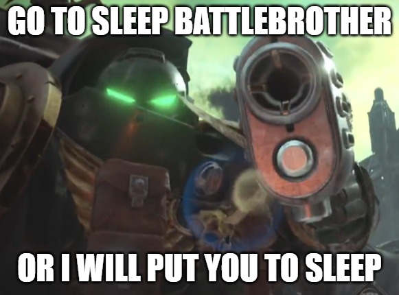 Go to sleep brother | GO TO SLEEP BATTLEBROTHER; OR I WILL PUT YOU TO SLEEP | image tagged in space marine pointing gun at you | made w/ Imgflip meme maker