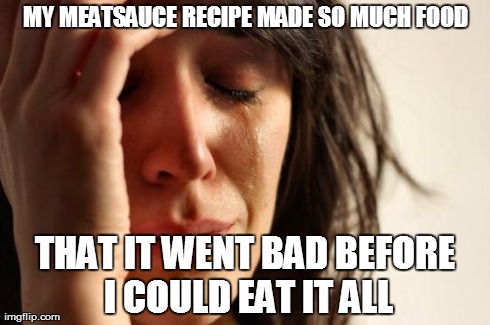 First World Problems Meme | MY MEATSAUCE RECIPE MADE SO MUCH FOOD THAT IT WENT BAD BEFORE I COULD EAT IT ALL | image tagged in memes,first world problems,AdviceAnimals | made w/ Imgflip meme maker