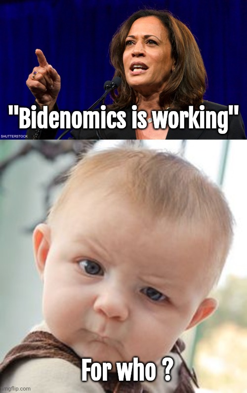 Politicians love it | "Bidenomics is working"; For who ? | image tagged in kamala harris,memes,skeptical baby,politicians suck,elite scum,you guys always act like you're better than me | made w/ Imgflip meme maker