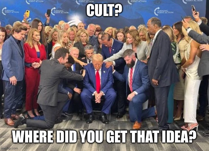 Trump cult | CULT? WHERE DID YOU GET THAT IDEA? | image tagged in trump cult | made w/ Imgflip meme maker