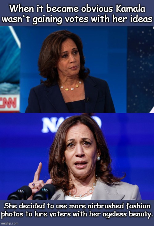 She ain't pretty... | When it became obvious Kamala wasn't gaining votes with her ideas; She decided to use more airbrushed fashion photos to lure voters with her ageless beauty. | image tagged in kamala | made w/ Imgflip meme maker