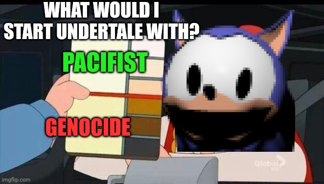 Undertale Which one would be true about me? | WHAT WOULD I START UNDERTALE WITH? PACIFIST; GENOCIDE | image tagged in peter griffin skin color chart race terrorist blank | made w/ Imgflip meme maker