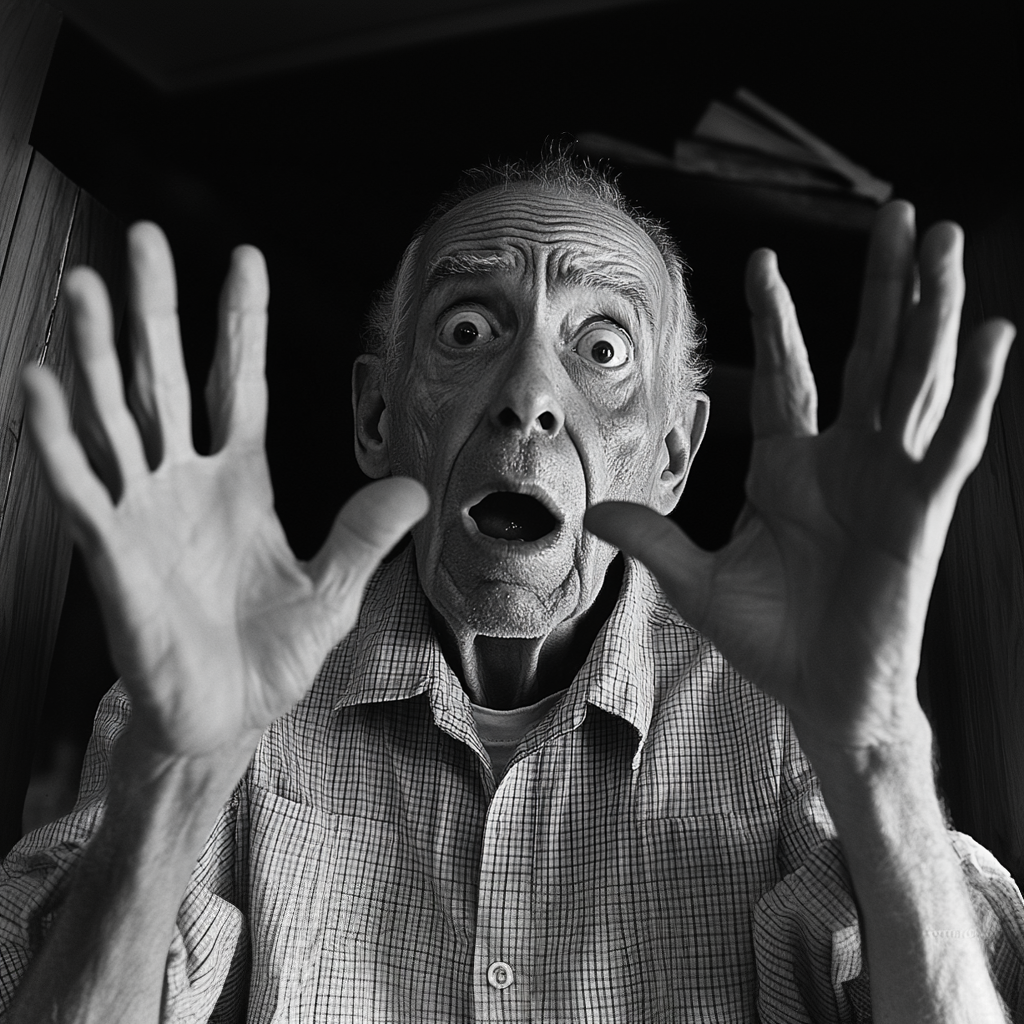 Shocked old man with hands up Blank Meme Template