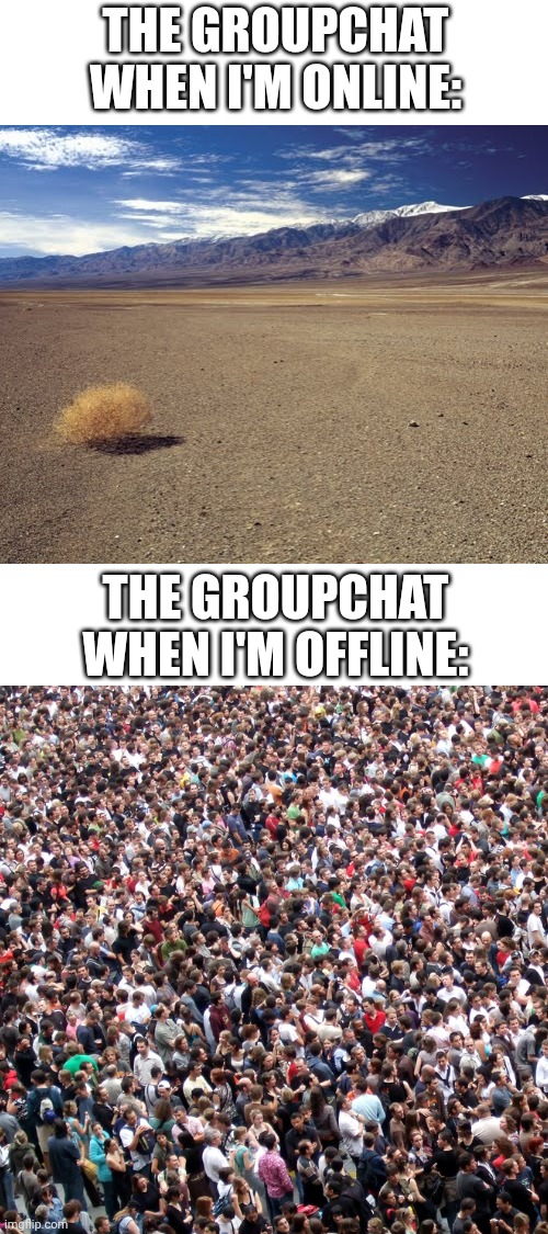 "100+ missed messages" | THE GROUPCHAT WHEN I'M ONLINE:; THE GROUPCHAT WHEN I'M OFFLINE: | image tagged in group chats | made w/ Imgflip meme maker