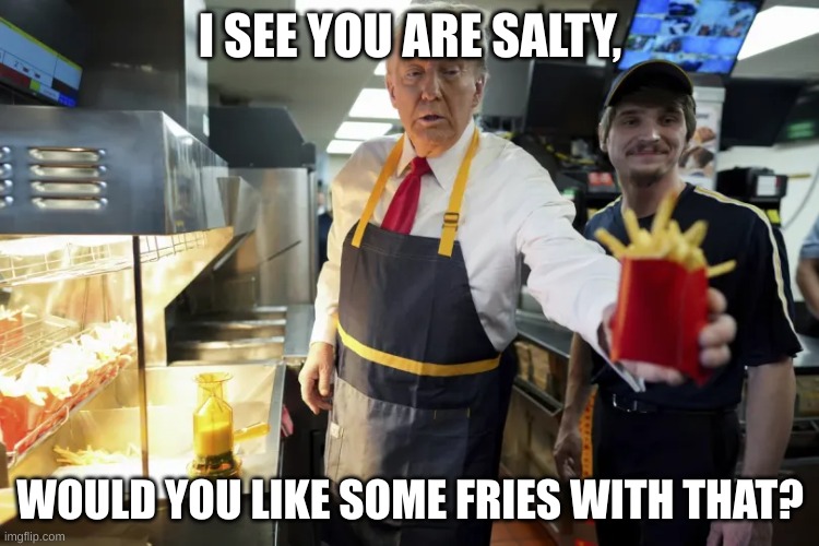 Trump Salty Fries | I SEE YOU ARE SALTY, WOULD YOU LIKE SOME FRIES WITH THAT? | image tagged in donald trump fries | made w/ Imgflip meme maker