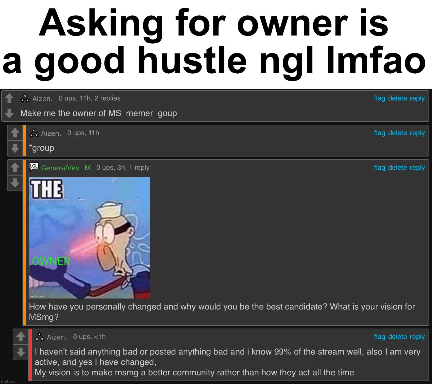 Wait who’s Aizen | Asking for owner is a good hustle ngl lmfao | made w/ Imgflip meme maker