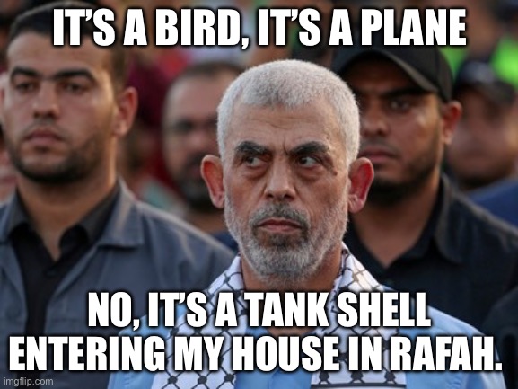 Sinwar | IT’S A BIRD, IT’S A PLANE; NO, IT’S A TANK SHELL ENTERING MY HOUSE IN RAFAH. | image tagged in sinwar,israel,palestine,war | made w/ Imgflip meme maker