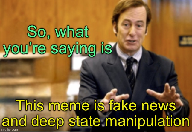 Saul Goodman defending | So, what you’re saying is This meme is fake news and deep state manipulation | image tagged in saul goodman defending | made w/ Imgflip meme maker