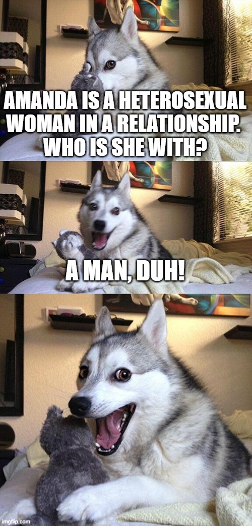 Bad Pun Dog | AMANDA IS A HETEROSEXUAL WOMAN IN A RELATIONSHIP. 
WHO IS SHE WITH? A MAN, DUH! | image tagged in memes,bad pun dog,funny,puns,terrible puns | made w/ Imgflip meme maker