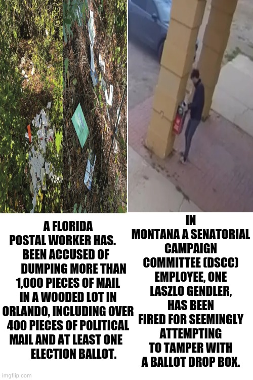 Here We Go Again | IN MONTANA A SENATORIAL CAMPAIGN COMMITTEE (DSCC) EMPLOYEE, ONE LASZLO GENDLER, HAS BEEN FIRED FOR SEEMINGLY ATTEMPTING TO TAMPER WITH A BALLOT DROP BOX. A FLORIDA POSTAL WORKER HAS.        BEEN ACCUSED OF          DUMPING MORE THAN 1,000 PIECES OF MAIL IN A WOODED LOT IN ORLANDO, INCLUDING OVER 400 PIECES OF POLITICAL MAIL AND AT LEAST ONE  
      ELECTION BALLOT. | image tagged in memes,politics,voting,shenanigans,here we go again,votes | made w/ Imgflip meme maker