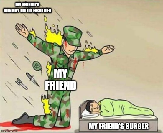 Soldier protecting sleeping child | MY FRIEND'S HUNGRY LITTLE BROTHER; MY FRIEND; MY FRIEND'S BURGER | image tagged in soldier protecting sleeping child | made w/ Imgflip meme maker