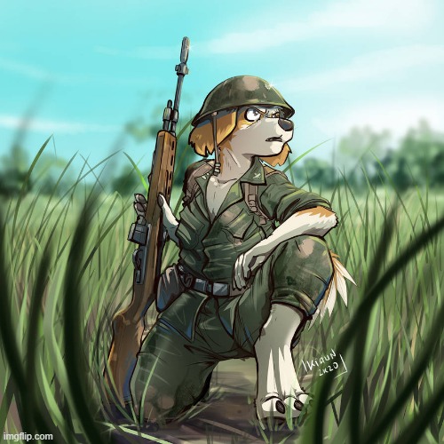 enough pro-fandom propaganda for a while, here's a pic of jerry in vietnam(art credit: Kiaun) | image tagged in furry,pew,war,soldier,furry and normie memes,cartoon | made w/ Imgflip meme maker