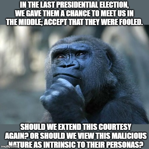 Penny for your thoughts? | IN THE LAST PRESIDENTIAL ELECTION, WE GAVE THEM A CHANCE TO MEET US IN THE MIDDLE; ACCEPT THAT THEY WERE FOOLED. SHOULD WE EXTEND THIS COURTESY AGAIN? OR SHOULD WE VIEW THIS MALICIOUS NATURE AS INTRINSIC TO THEIR PERSONAS? | image tagged in deep thoughts | made w/ Imgflip meme maker