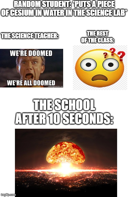 Science lab disaster (only science teachers understand) | RANDOM STUDENT: *PUTS A PIECE OF CESIUM IN WATER IN THE SCIENCE LAB*; THE REST OF THE CLASS:; THE SCIENCE TEACHER:; THE SCHOOL AFTER 10 SECONDS: | image tagged in science,chemistry | made w/ Imgflip meme maker