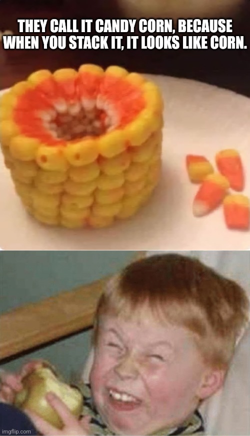 Corn, Dawg. | THEY CALL IT CANDY CORN, BECAUSE WHEN YOU STACK IT, IT LOOKS LIKE CORN. | image tagged in candy corn,totally looks like,corn,duh,stupid memes | made w/ Imgflip meme maker