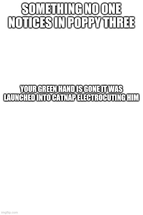 SOMETHING NO ONE NOTICES IN POPPY THREE; YOUR GREEN HAND IS GONE IT WAS LAUNCHED INTO CATNAP ELECTROCUTING HIM | image tagged in poppy playtime | made w/ Imgflip meme maker