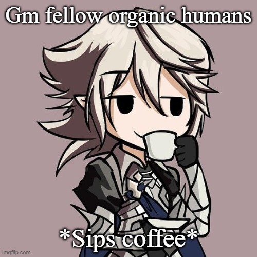 male Corrin sipping tea | Gm fellow organic humans; *Sips coffee* | image tagged in male corrin sipping tea | made w/ Imgflip meme maker