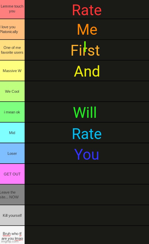 Ultimate Tierlist (made by republic of Texas) | Rate; Me; I; First; And; Will; Rate; You | image tagged in ultimate tierlist made by republic of texas | made w/ Imgflip meme maker